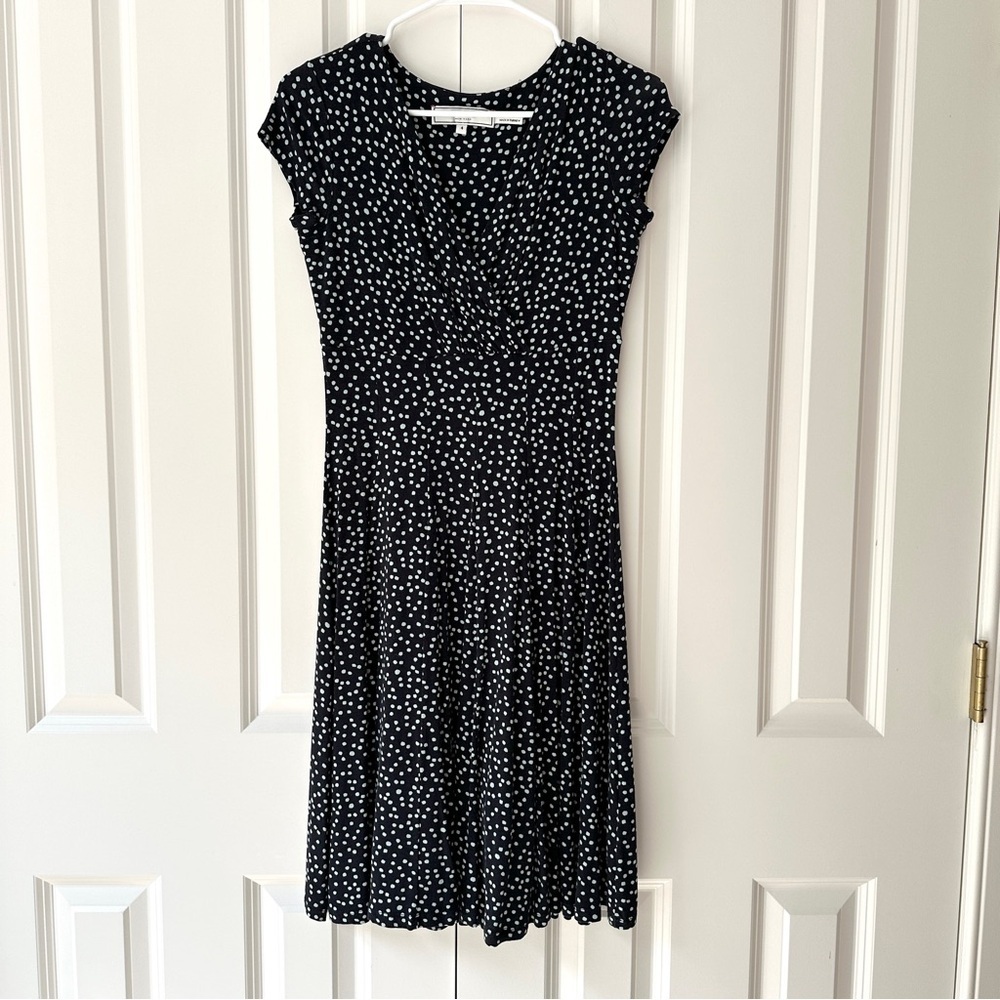 Sade New York Navy Blue Dress Polka Dot Fit Flare Stretch Comfy Casual - Picture 2 of 16